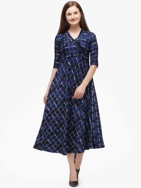 SAADHVI Women Blue Checked Wrap Dress