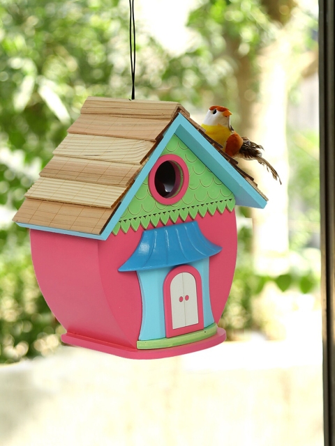 TAYHAA Pink & Green Wooden Bird House Showpiece
