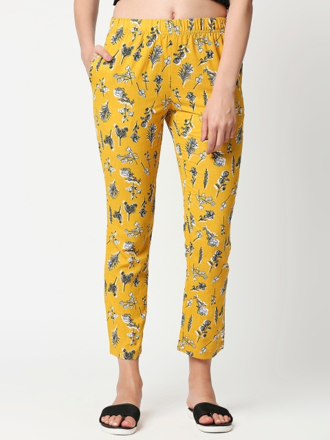 Bewakoof Women Mustard Yellow & Black Printed Pure Cotton Lounge Pants