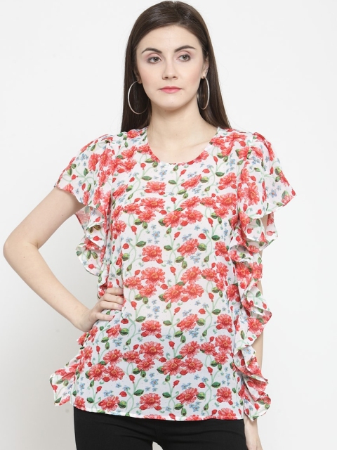 Purple State White & Pink Floral Print Ruffle Flutter Sleeves Regular Top