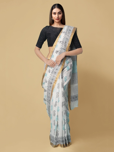 Unnati Silks Women White & Blue Pure Hand Block Printed Mulmul Cotton Sustainable Saree