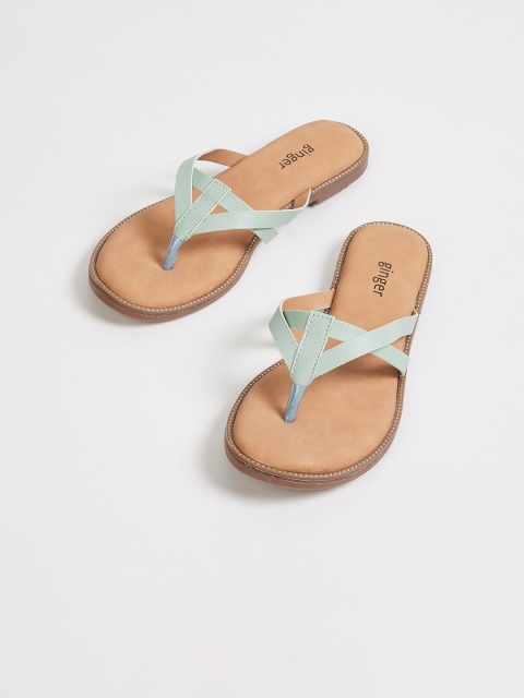Ginger by Lifestyle Women Olive Green Solid PU T-Strap Flats