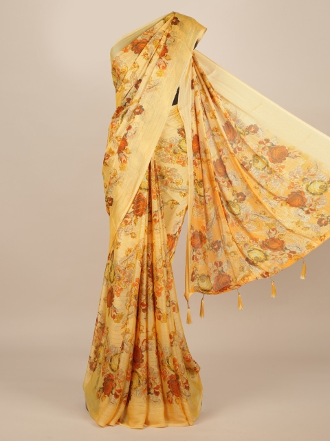 Pothys Yellow Printed Poly Chiffon Saree