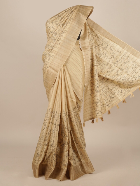 Pothys Cream-Coloured & Brown Jute Silk Floral Printed Saree