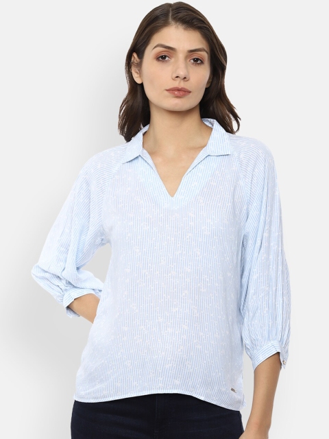 Van Heusen Woman Blue & White Floral Striped Regular Top