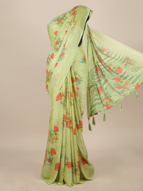 Pothys Green & Orange Poly Chiffon Floral Printed Saree
