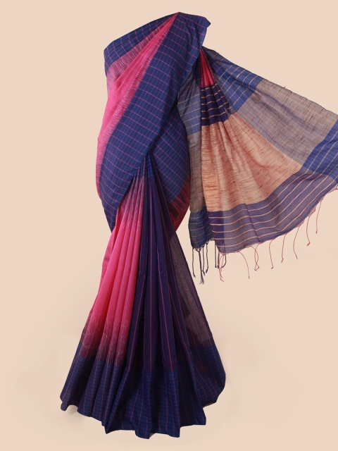 Pothys Pink & Navy Blue Cotton Blend Solid Saree