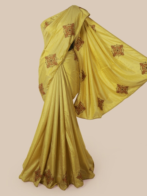 Pothys Mustard Embroidered Art Silk Saree