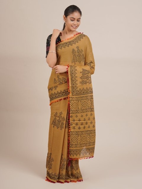 Pothys Mustard Yellow & Black Pure Cotton Printed Saree