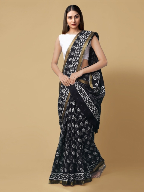 Unnati Silks Black Pure Cotton Printed Block Print Sustainable Saree