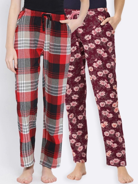 Kanvin Women Pack of 2 Pure Cotton Lounge Pants, Maroon