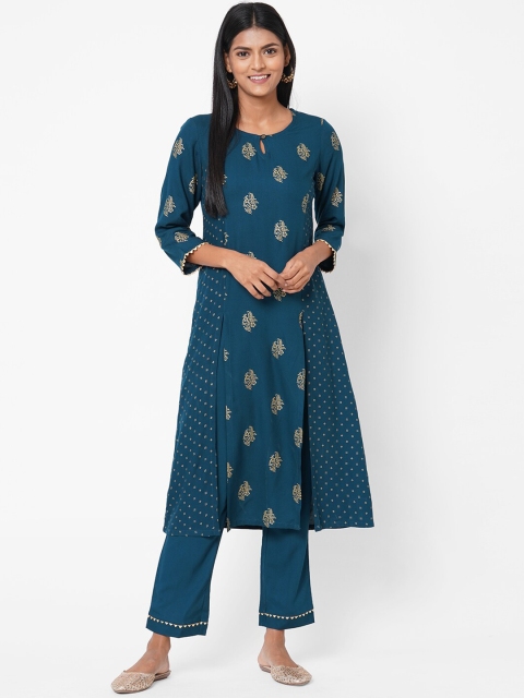 Os Women Teal Blue & Golden Ethnic Foil Print Keyhole Neck A-line Kurta