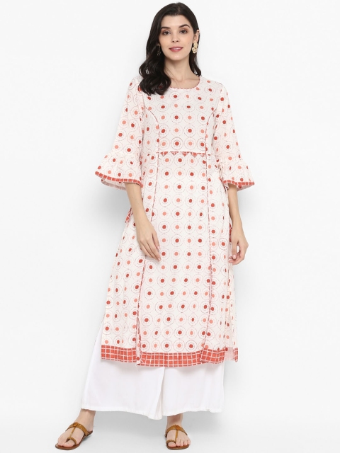 ZOEYAMS Women Off White & Red Geometric Print Cotton Bell Sleeves Kurta