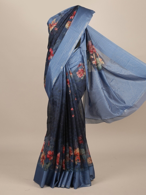 Pothys Blue Printed Jute Silk Saree