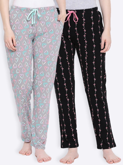 Kanvin Women Pack of 2 Printed Pure Cotton Lounge Pants, Grey
