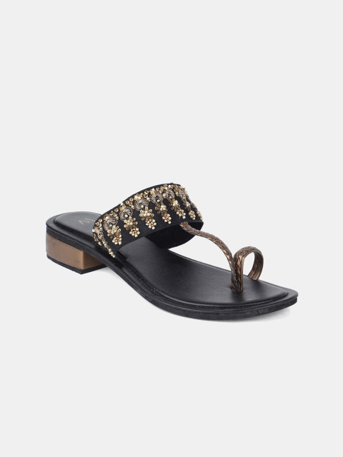 W Women Black & Gold-Toned Embellished Sandals