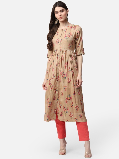 AHIKA Women Beige & Pink Floral Printed Cotton Pleated A-Line Kurta