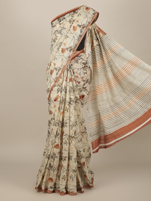 Pothys Cream-Coloured Printed Jute Silk Saree