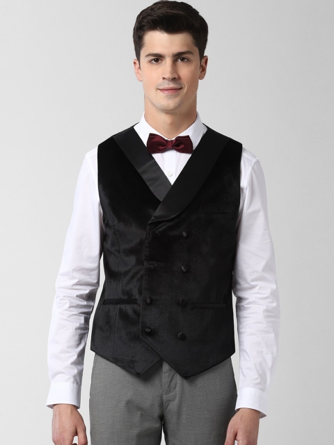 Peter England Men Black Solid Velvet Finish Waist Coat