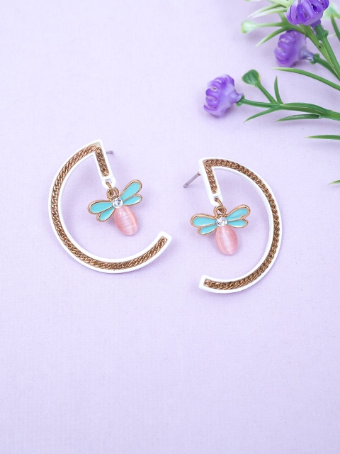 Golden Peacock Gold-Toned & Pink Studded Dragonfly Shaped Drop Earrings