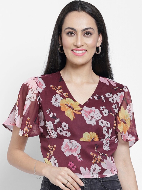 NIXX Maroon & Pink Floral Printed Flared Sleeves Chiffon Top