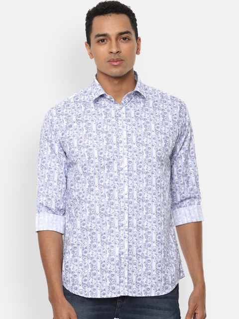 V Dot Men Blue Slim Fit Printed Pure Cotton Casual Shirt