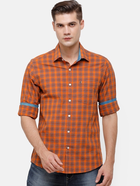 CAVALLO by Linen Club Men Orange & Brown Regular Fit Checked Casual Shirt