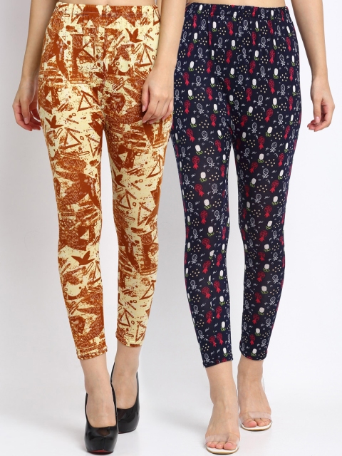 NEUDIS Women Pack of 2 Printed Skinny Fit Ankle Length Crop Leggings, Beige