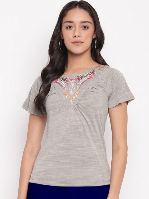 Miss Grace Grey Melange Pure Cotton Regular Top with Embroidered Detail