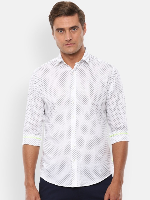 V Dot Men White Slim Fit Printed Pure Cotton Casual Shirt