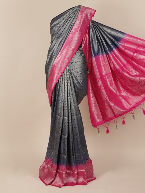 Pothys Navy Blue & Silver Jute Silk Woven Design Saree With Tasseled Pallu