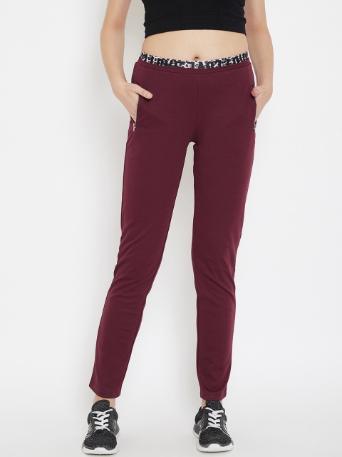 Madame Women Maroon Solid Cotton Track Pants