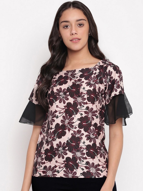 Miss Grace Beige & Black Floral Printed Bell Sleeves Pure Cotton Regular Top