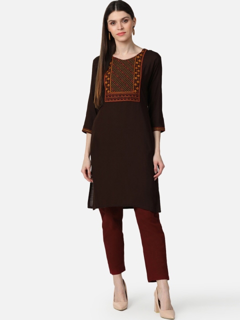 AHIKA Women Coffee Brown & Orange Cotton Yoke Design Thread Work Straight Kurta