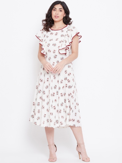 TULIP 21 Women Off-White Floral Print Fit and Flare Midi Ruffle Dress