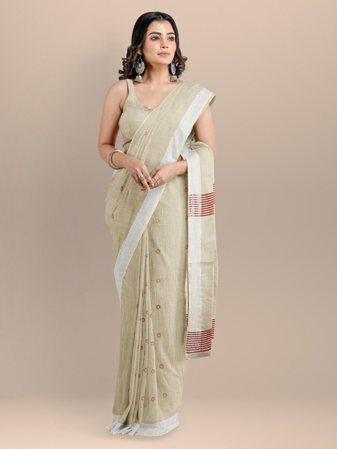 BharatSthali Beige & Maroon Pure Cotton Woven Design Taant Saree