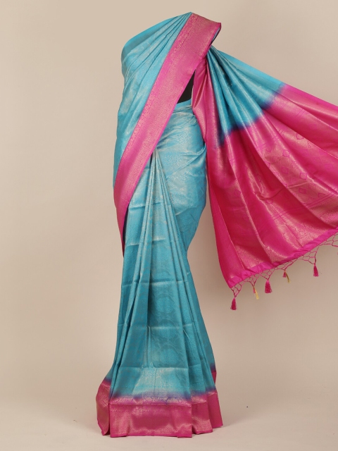 Pothys Turquoise Blue & Pink Jute Silk Woven Design Saree
