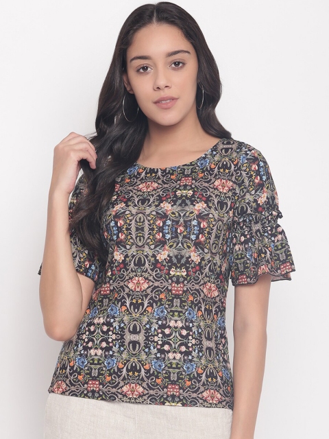 Miss Grace Black & Pink Floral Printed Bell Sleeves Regular Top