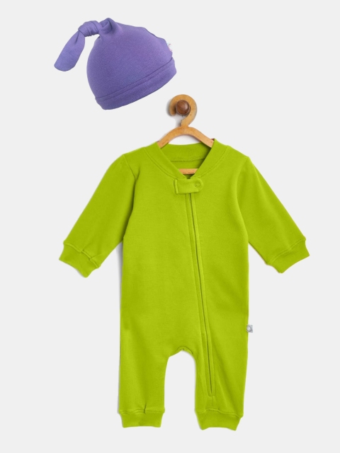 cherrytoes Infant Green Solid Cotton Zip Romper With Beanie