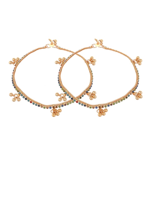 Silvermerc Designs Set Of 2 Gold-Plated Blue & Red Stone-Studded Handcrafted Anklets