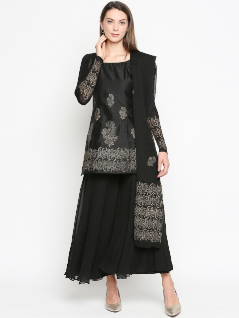 Ira Soleil Women Black Woven Design Kurta with Sharara & Dupatta