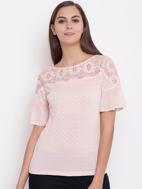 Miss Grace Peach-Coloured Self-Design Bell Sleeves Regular Top