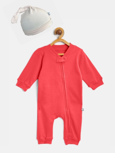 cherrytoes Infant Red Solid Cotton Romper with Beanie
