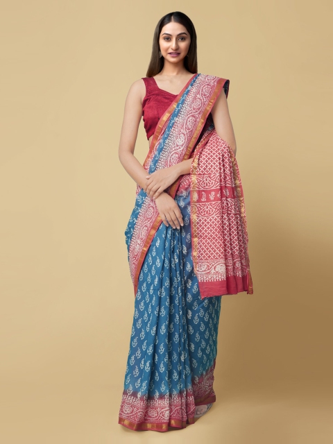 Unnati Silks Blue Pure Cotton Printed Block Print Saree