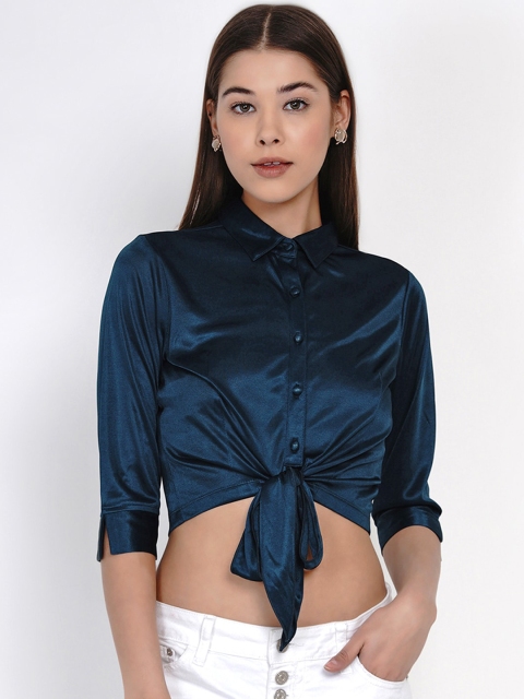 Texco Blue Shirt Style Crop Top