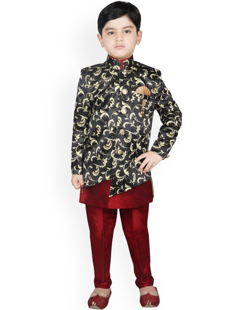 SG YUVRAJ Boys Black & Maroon Printed Sherwani Set