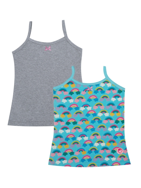 DChica Girls Pack Of 2 Grey Melange & Blue Printed Camisoles