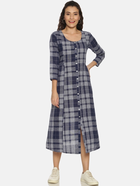 Saffron Threads Women Navy Blue & Grey Checked Fit & Flare Dress