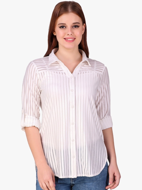 Texco Women White Regular Fit Self Striped Semi-Sheer Casual Shirt