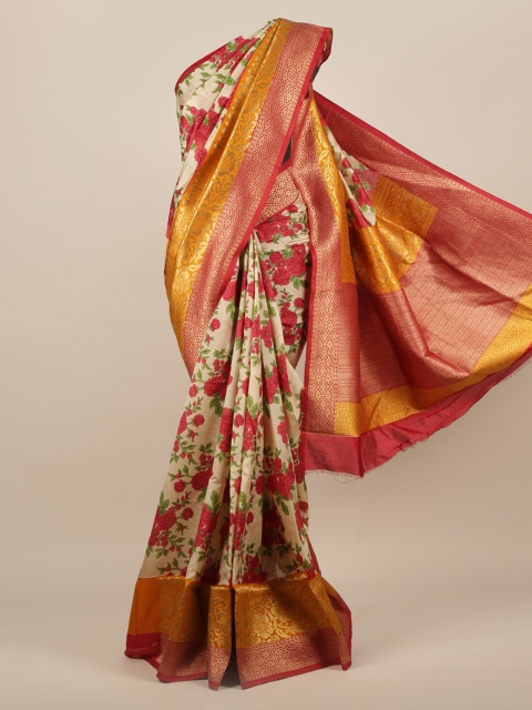 Pothys Cream-Coloured Floral Printed Jute Silk Saree